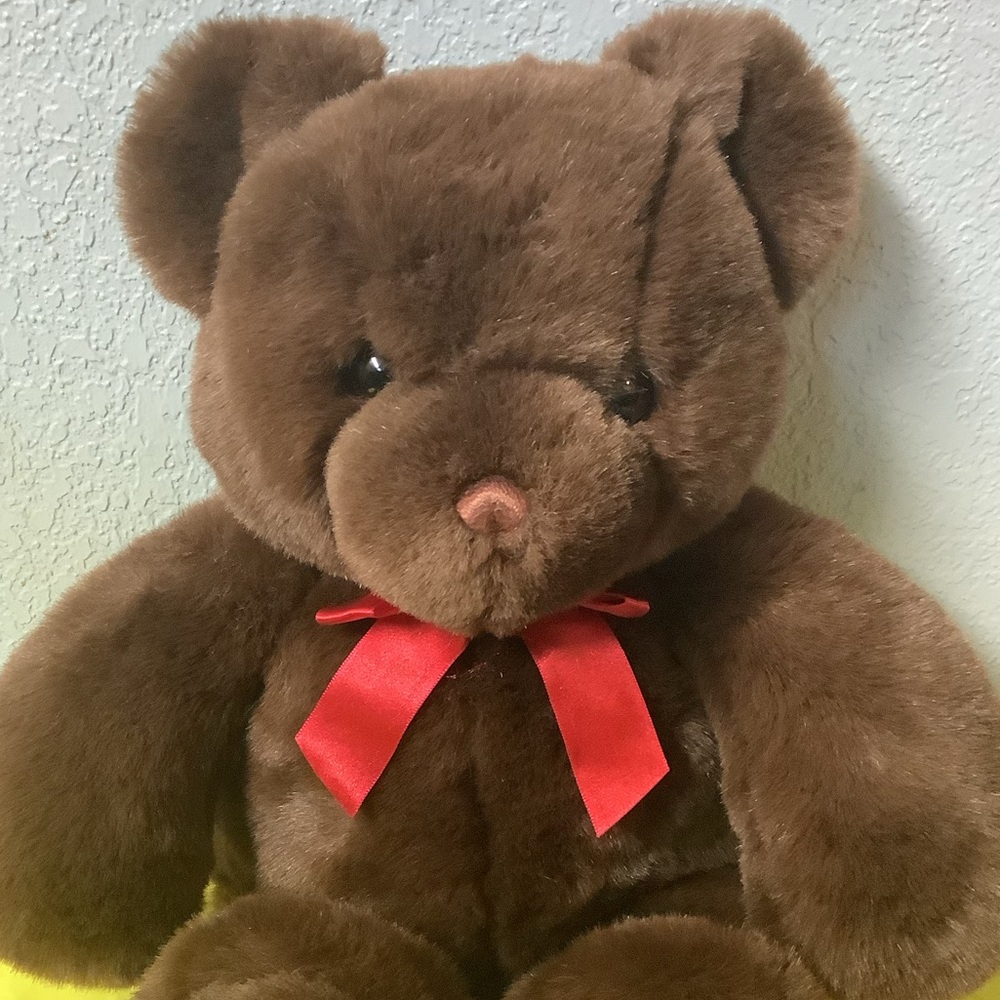 Vintage GUND Dark Brown or Chocolate Teddy Bear with Red Bow